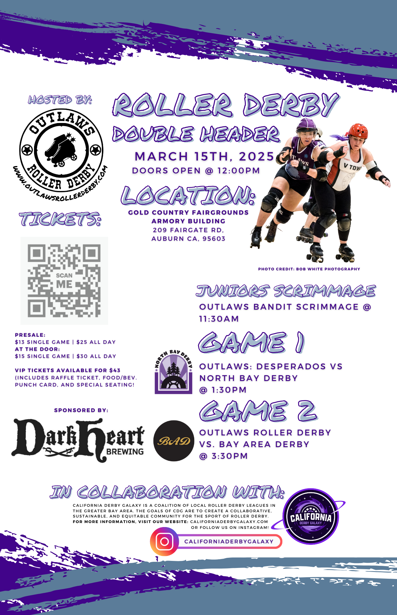 Flyer with two derby players racing and the Outlaws Roller Derby logo.